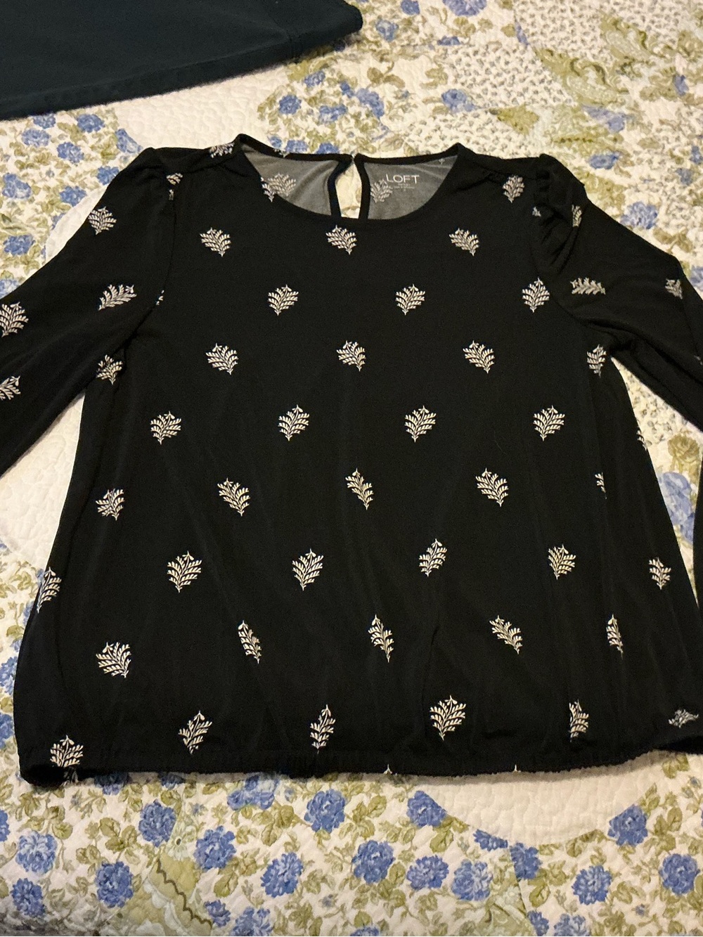 LOFT Black Blouse with White Leaf Design